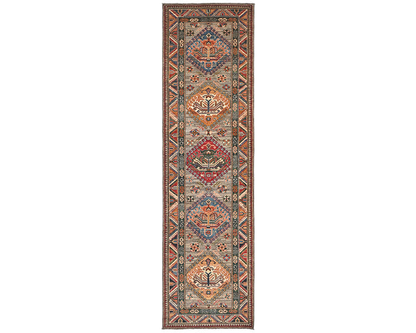 9 Feet Brown Kazak Afghan Hand Knotted Wool Runner Rug